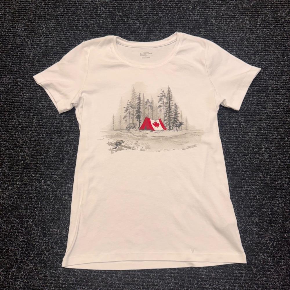 Northern Reflections Womens Small White Canada Flag Tent Wilderness Graphic‎ Tee